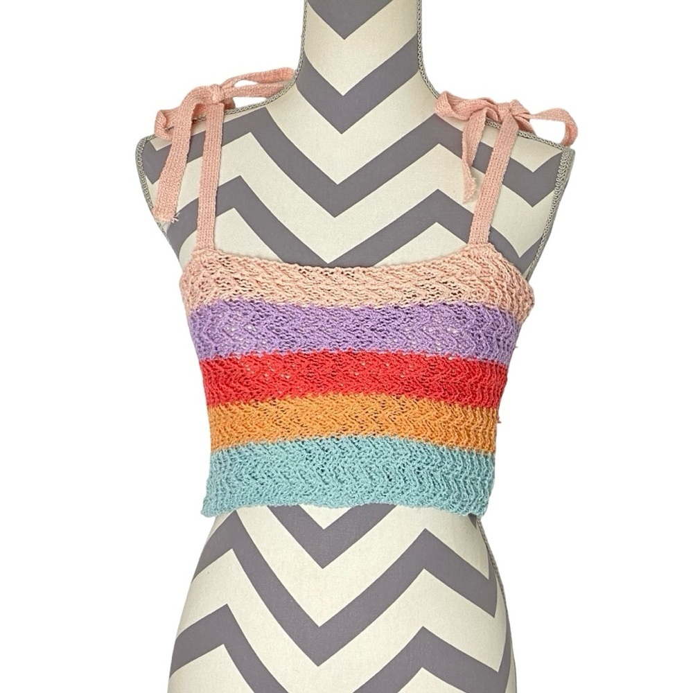POL Tank Top Womens Size Small Tie Shoulder Knit Tube Top Crop Striped Multi